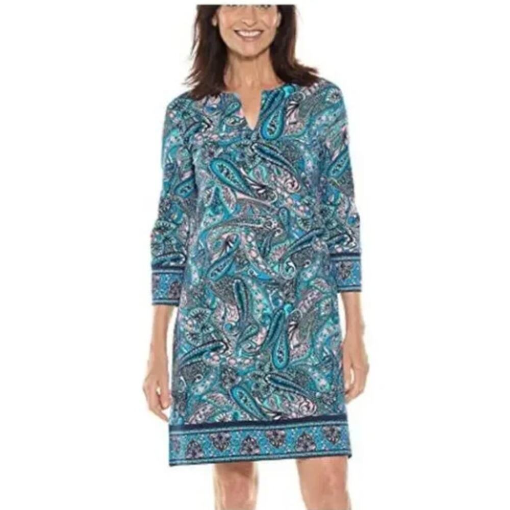 Coolibar Oceanside Tunic Dress Blue Paisley Print Med Resort Beach
